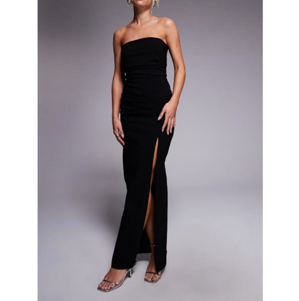Vesper Bengaline Bandeau Ruched Waist Maxi Dress Black Petite Size 14